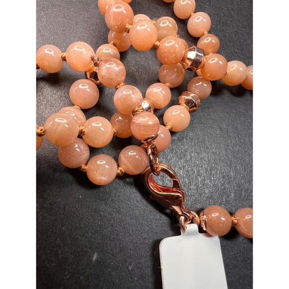 NEW Peach moonstone 30 inch knotted necklace with rose gold over bronze - Picture 6 of 11